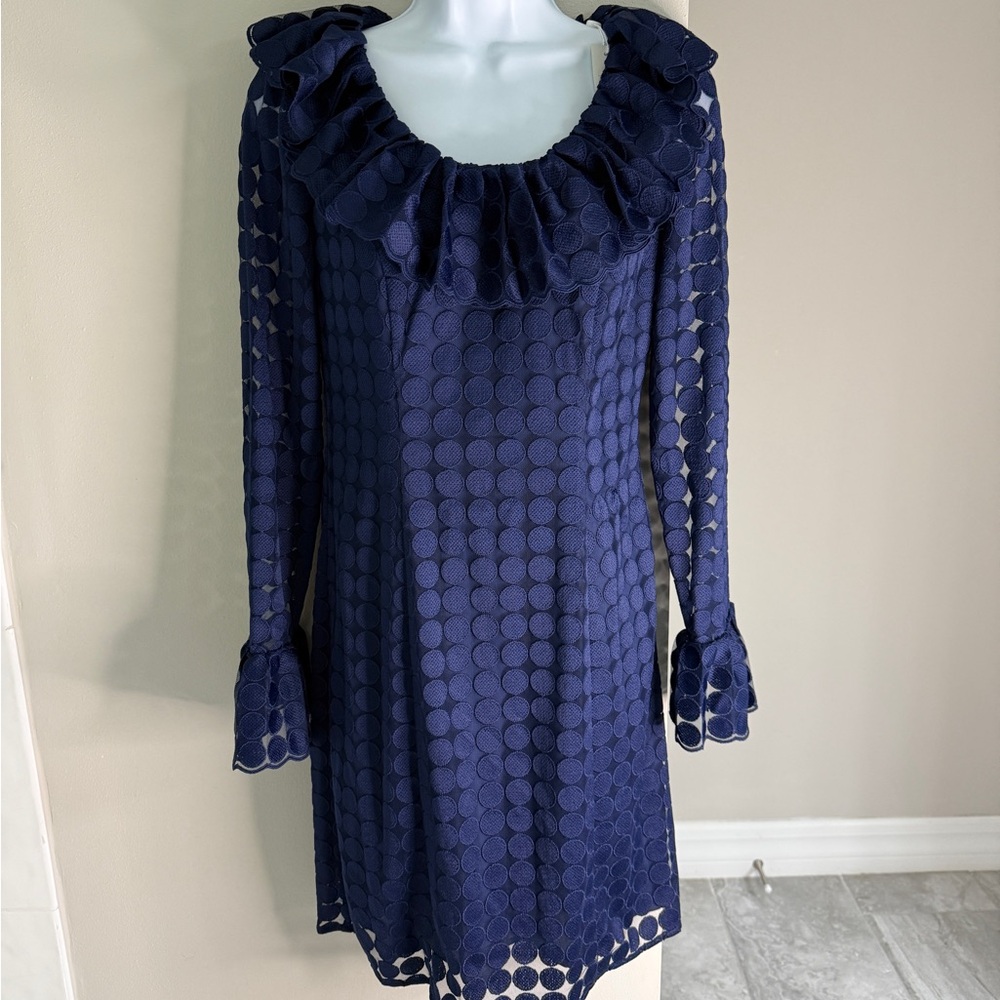 NWT Trina Turk Navy Blue Polka Dot Ruffle Dress